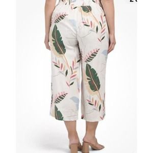 CYNTHIA ROWLEY 100% LINEN WIDE LEG CROPPED LEAF PRINT Ballerina PANTS SZ 1x